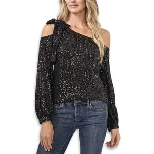 CeCe Blouse One Shoulder Bow Cold Design Long Sleeves Black Women's Medium NWT